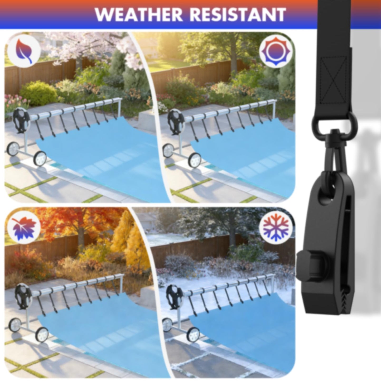 Goovilla 24 Pcs Pool Solar Cover Reel Attachment Kit, Inground Swimming Pool Solar Cover Straps and Clips, Weather Resistant Solar Blanket 8 Strap Kit with 8 Hooks and 8 Touch Fastener, Black