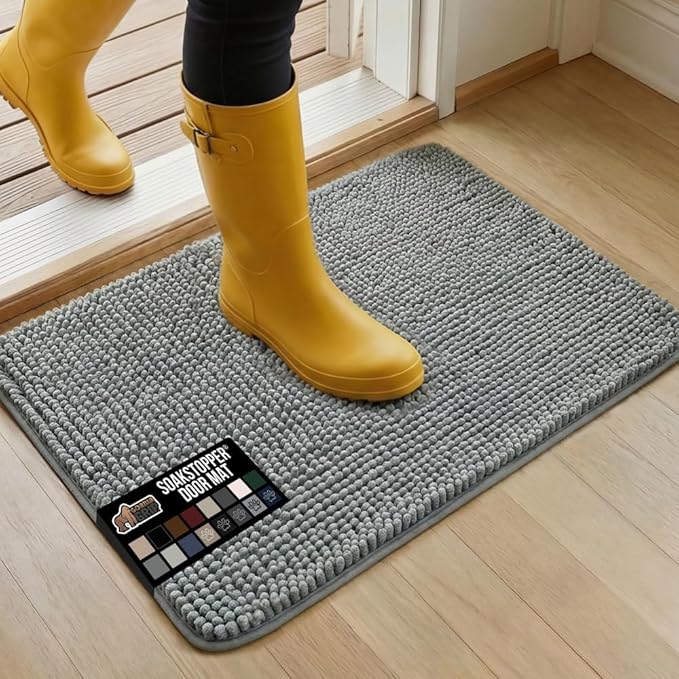GORILLA GRIP SoakSTOPPER Dog Door Mat, 30x20 Machine Washable Rug Absorbent Doormat Captures Moisture Mud Dirt, Quick Dry Soft Chenille Entryway Rugs Indoor Entrance Mats for Dog Paws, Grey