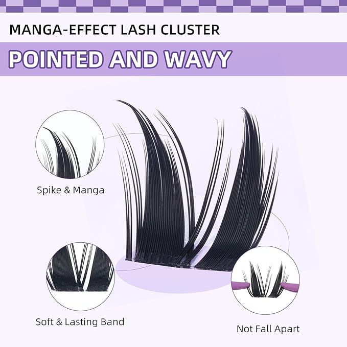 B&Qaugen Bunny Lash Clusters Kit Manga Lashes CC Curl Wispy Natural Invisible Band Eyelash Clusters, Waterproof DIY Lash Extensions at Home, Wet Look for Cosplay & Daily Wear (Lash Kit-Anime 05)