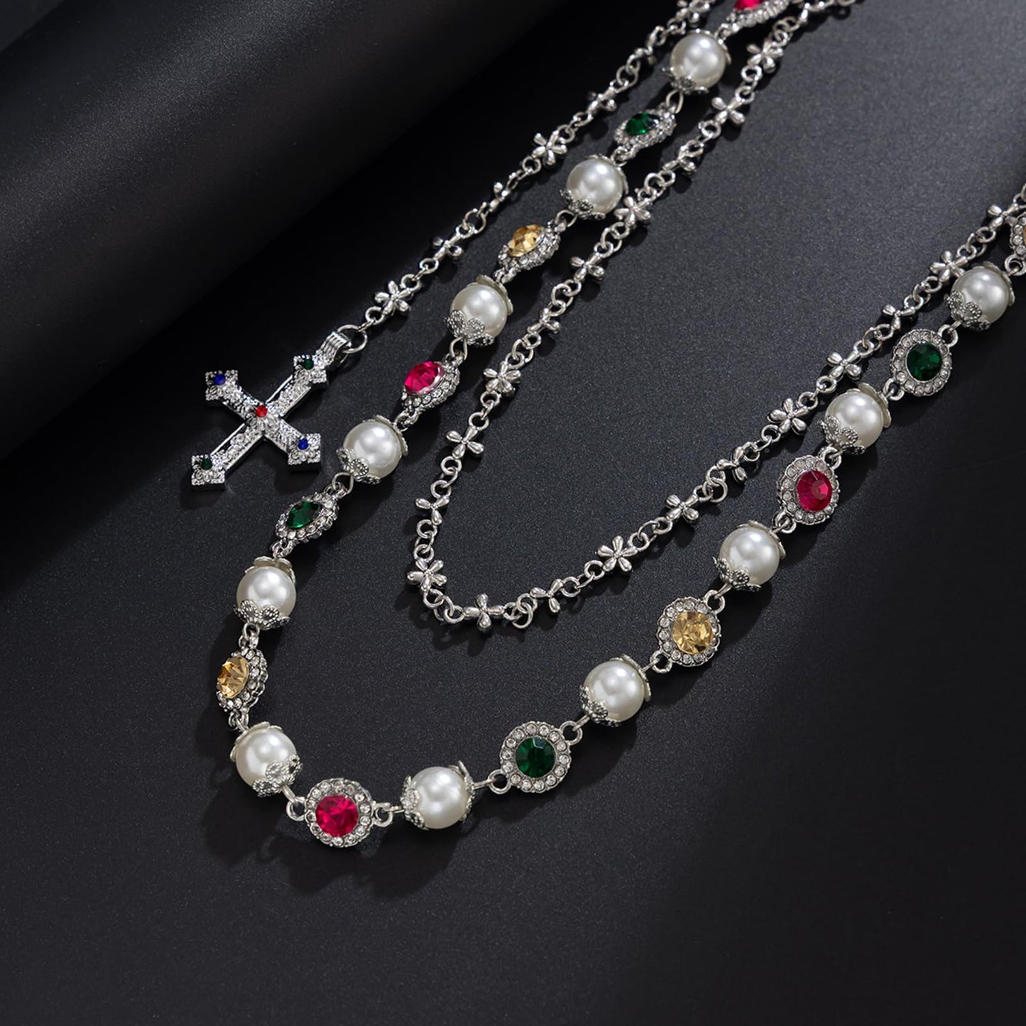 Fashion Layered Pants Wallet Chains - Exquisite Gold Silver Rhinestone Flower Pearl Jean Pocket Chain for Women Men Cute Bag Purse Charms Jewelry (silver link round)