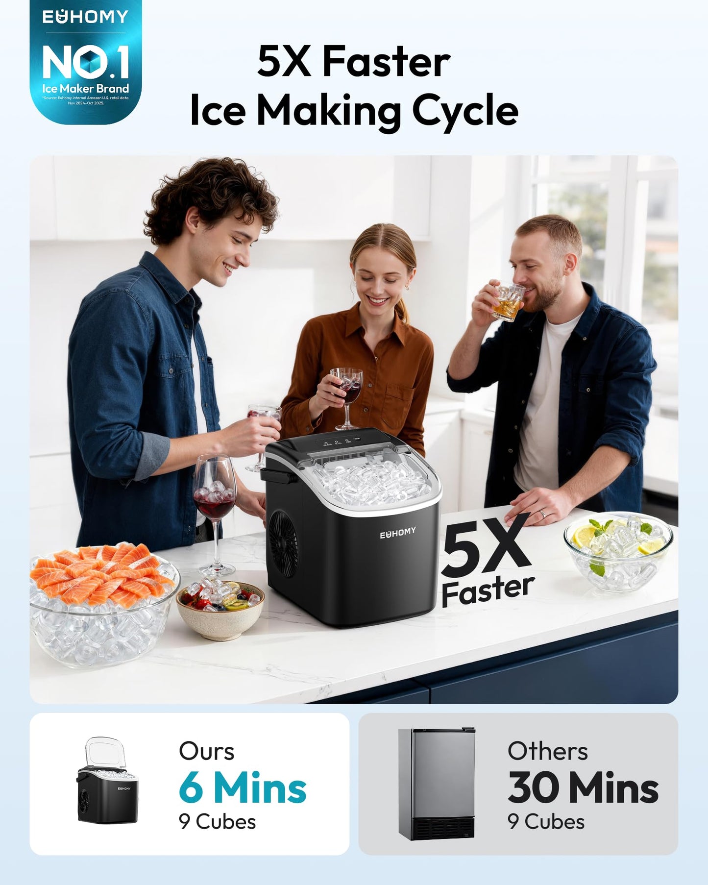 EUHOMY Countertop Ice Maker Machine with Handle, 26lbs Per Day, 9 Bullet Cubes in 6 Mins, Self-Cleaning Portable Ice Maker with Basket and Scoop, for Home/Kitchen/Camping/RV (Black)