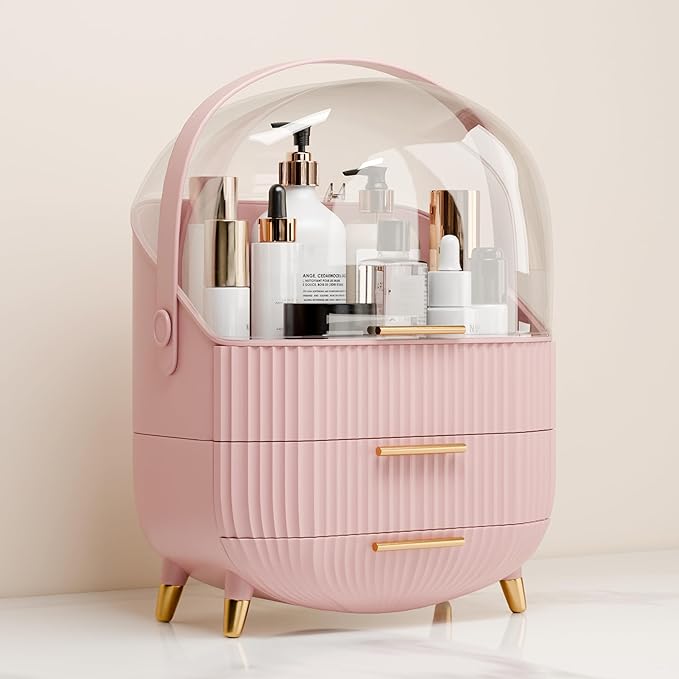 lurcns Vanity Organizer with Lid and Drawers, Beauty Skin Care Storage for Countertop, Birthday Gift for Teen Girls, 10 11 12 13 14 15 16 17 18 Year Old Girl Gifts, Pink Makeup Holder for Dresser | for Vanity
