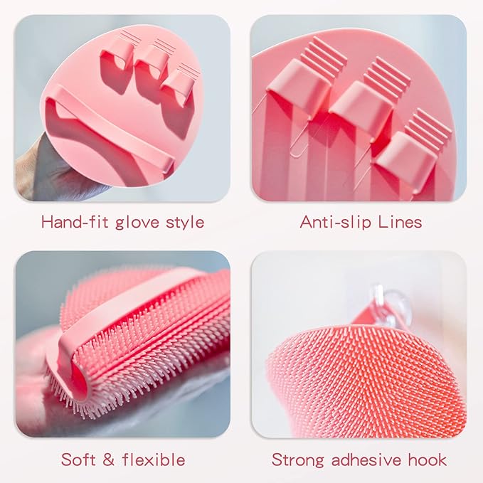 Manmihealth Silicone Back Scrubber & Soft Shower Brush, Silicone Scalp Massager, Toe Cleaning Brush Set 8 PCS, Body Foot Scrubber & Shampoo Brush Combination, with 4 Free Hooks (Style 1 Pink)