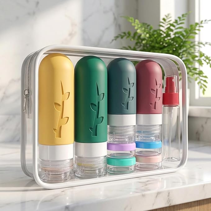 Travel Bottles Kit (16 Pack) - TSA Approved, Leak Proof Silicone Squeezable Containers for Toiletries. Complete Set with Jars, Sprayers & Bag (Wine Red)