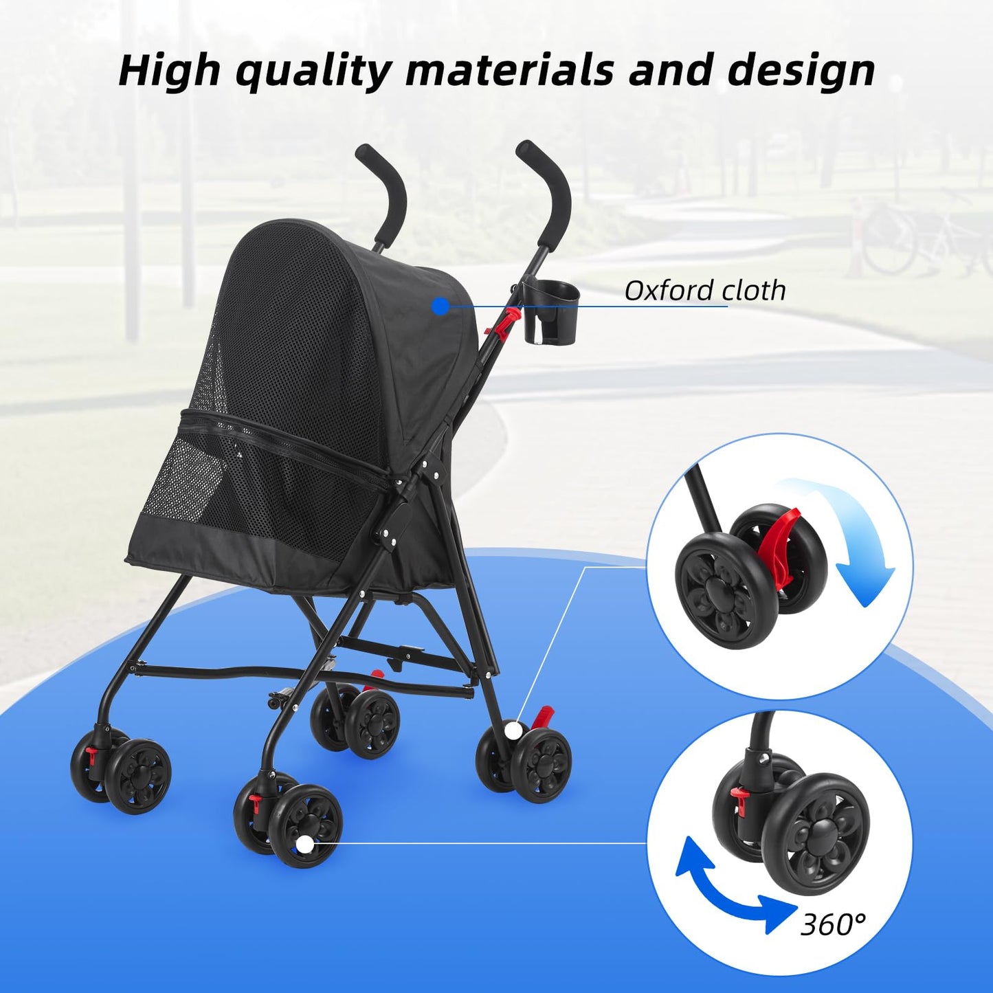 COOLCRAB Pet Stroller Oxford Cloth Foldable Dog Strollers for Small Dogs and Cats Suitable for All Road Surfaces Wide-View Panoramic Window 4 Wheels with Brakes Portable Design, Easy to Store (Grey)
