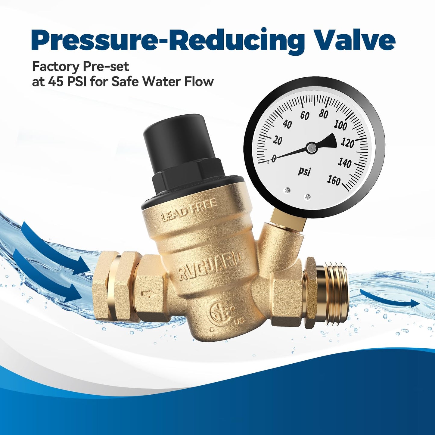 RVGUARD RV Water Pressure Regulator Valve, CSA Approved, Lead-Free Brass Adjustable Water Pressure Reducer with Gauge and Inlet Screen Filter for RV Camper Travel Trailer