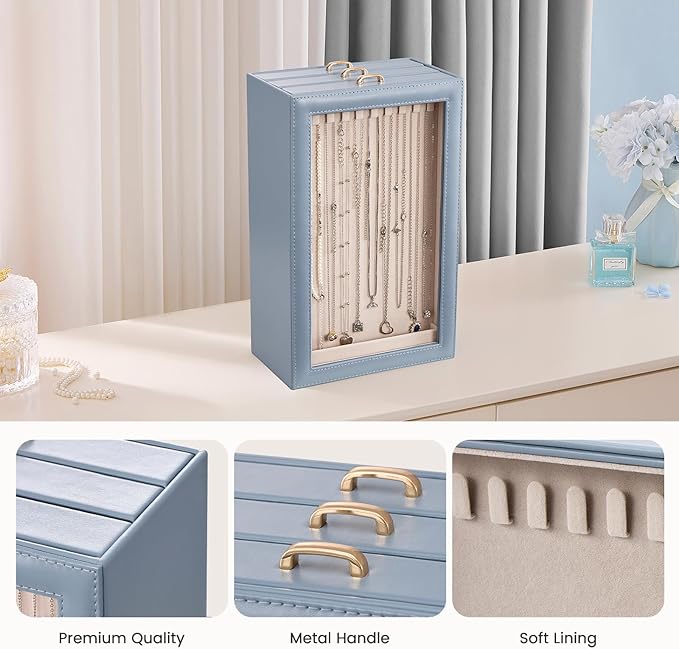 Lolalet Necklace Organizer Box, Jewelry Storage Box with Clear Window for Necklaces Bracelets, Tangle-Free Necklace Display Case for Women Girls -Dusty Blue, 3 Layers 30 Hooks