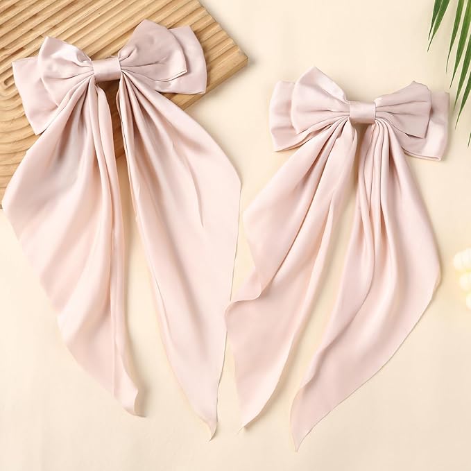 2PCS Big Hair Bow Clips for Women Girls Ã¢ÂÂ Rose Satin Ribbon Bow Barrettes with Long Tails, Large Romantic Hair Accessories for Ponytail, Wedding & Gift