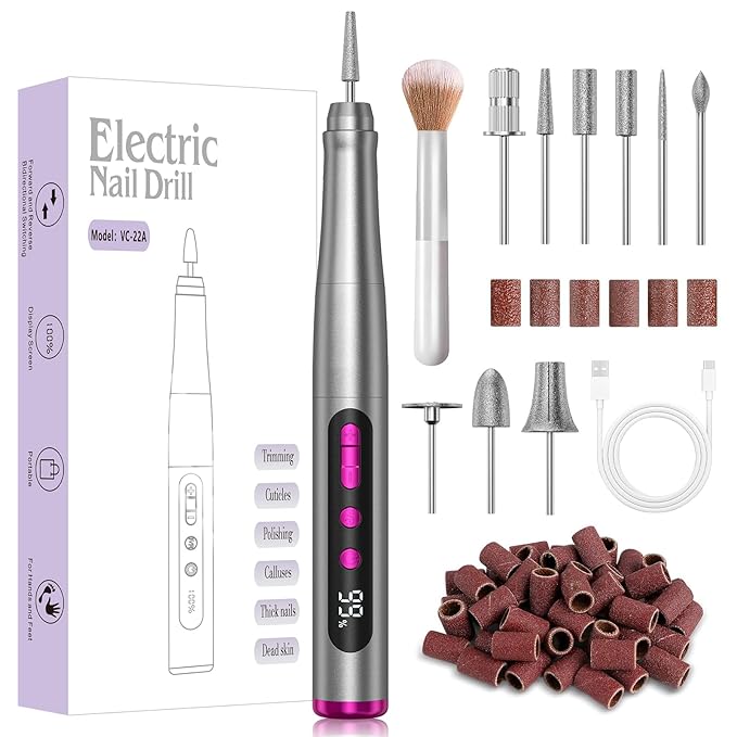 Cordless Nail Drill 35000RPM, Portable Electric Nail File for Acrylic Gel Nails, Professional Manicure Pedicure Kit, Rechargeable efile Set for feet with LCD Display, Low Noise Low Vibration-Grey
