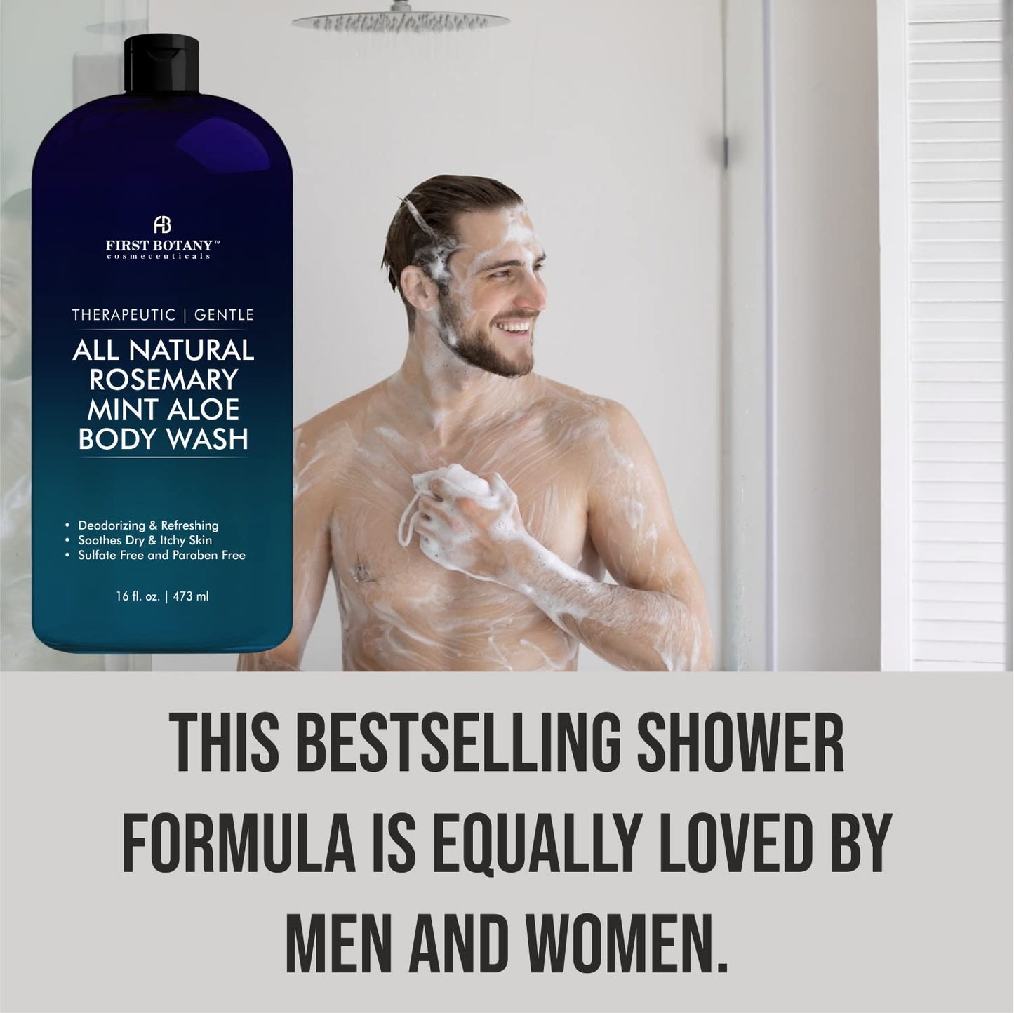 First Botany, ALL Natural Body Wash - Fights Body Odor, Athlete's Foot, Jock Itch, Nail Issues, Dandruff, Acne, Eczema, Shower Gel for Women & Men, Skin Cleanser -16 fl oz (Rosemary Mint)