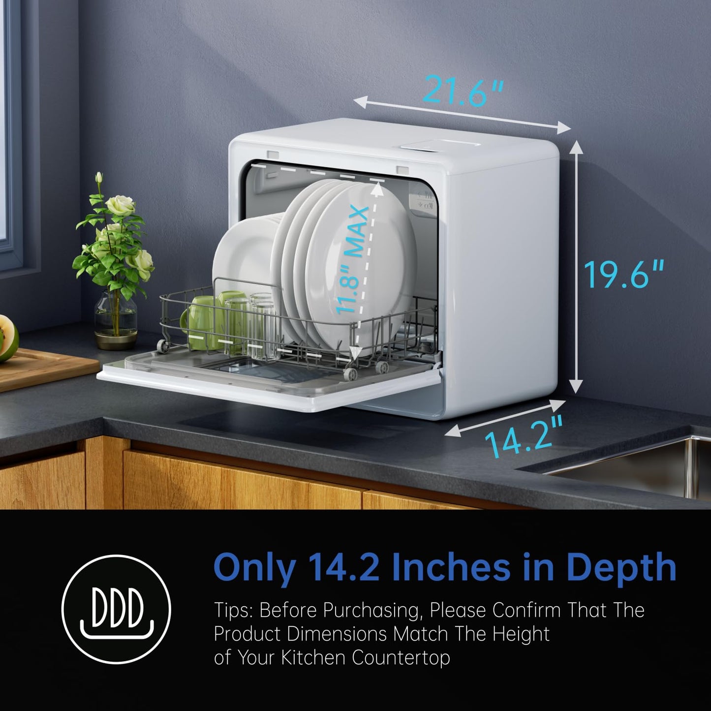 AIRMSEN Large Slim Countertop Dishwasher with Complete 2-Level Rack, Portable Dishwashers with 5L Built-in Water Tank, 3-Spray Arms & 12H Delay Start, No Hookup Needed, A01
