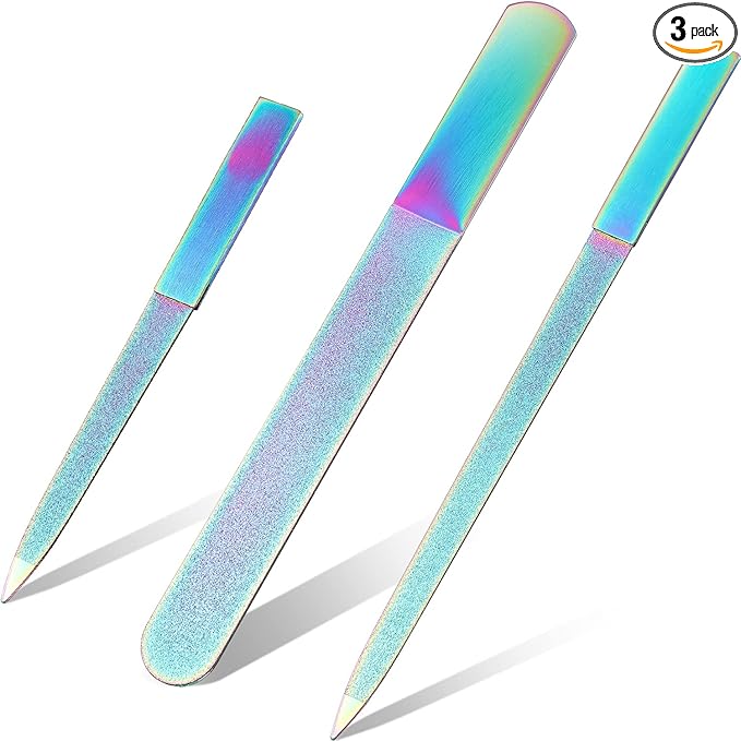 Mudder 3 Pcs Diamond Nail File Set for Women Men Stainless Steel Metal Sapphire Double Side Fingernail Toenail Buffer Filers Rainbow Emery Boards for Salon Home Travel Manicure Pedicure Nail Care Tool