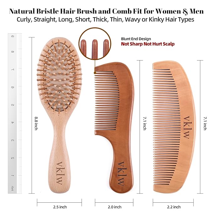 Wooden Hair Brush and Comb, One-piece Design, Reduce Frizz and Static, Massage Scalp, Detangling Paddle Hairbrush for Women, Girls, Kids, Includes Cleaning Claw, 5 Wood Bristles