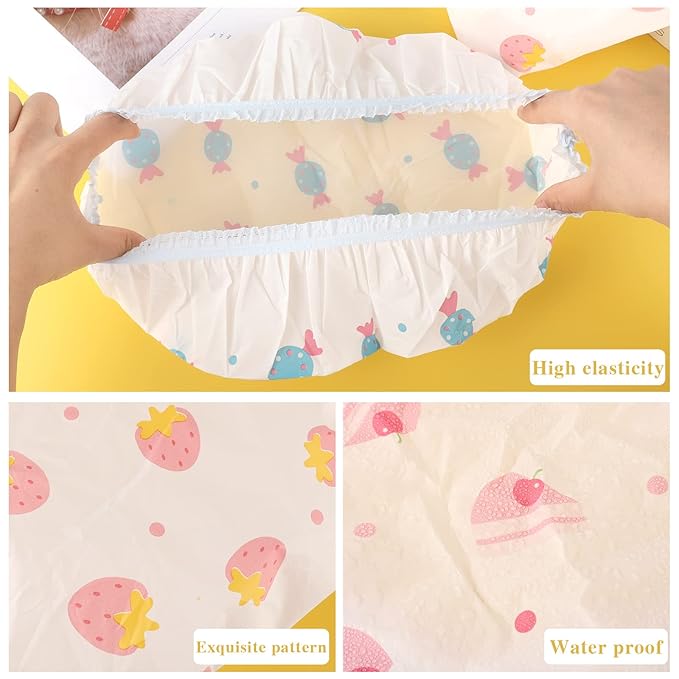 Waterproof Shower Caps, 3 Pcs Plastic Reusable Shower Caps Elastic Band Bath Caps for Women, Kids (Food)