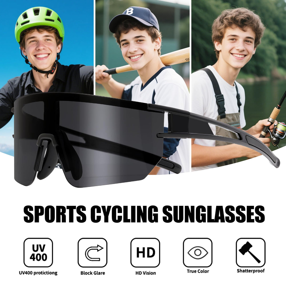 BUYAGE 3PACK Sports Sunglasses for Men Women Youth Baseball Softball 80s Sunglasses for Boys Girls 8-16 Cycling Glasses
