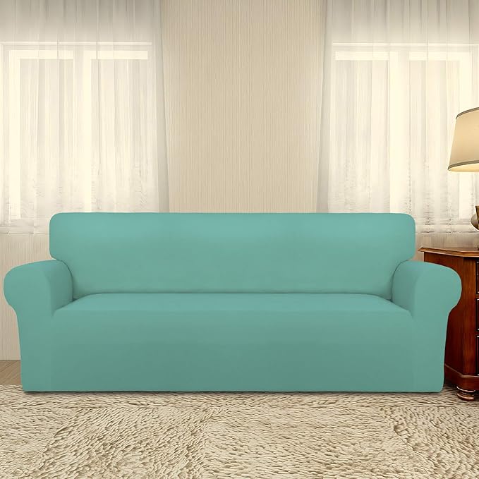 PureFit Super Stretch Sofa Slipcover – Spandex Non Slip Soft Couch Sofa Cover, Washable Furniture Protector with Non Skid Foam and Elastic Bottom for Kids, Pets （Oversized Sofa, Cyan）