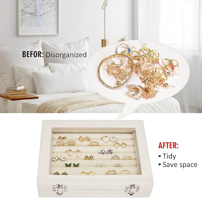 Rings Organizer Tray 7 Slots Velvet Jewelry Earring Storage Box with Transparent lid Jewelry Display Case for Girls Wife Mom Women (Beige)