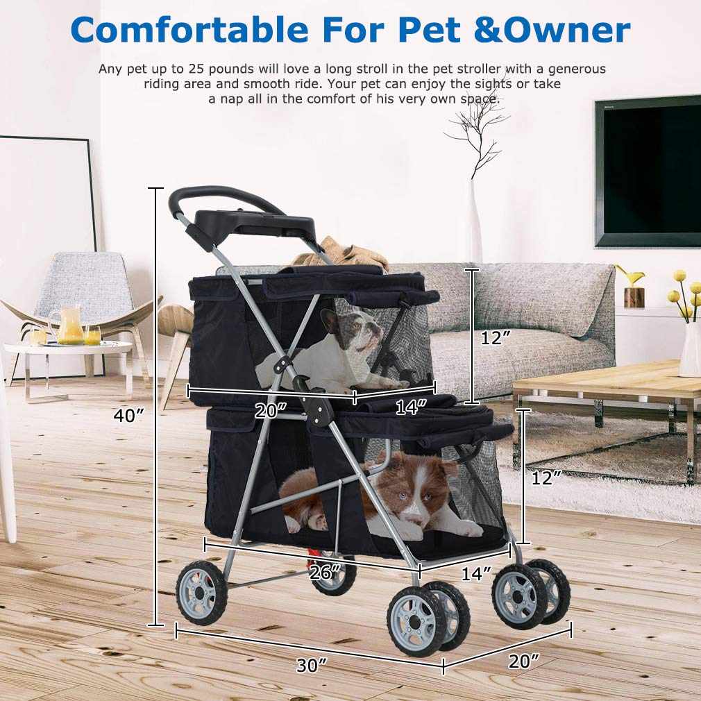Dog Stroller Cat Pet Carriers for Small Medium Dogs Cats Travel Camping 4 Wheels Lightweight Folding Crate Stroller with Soft Pad (Black)