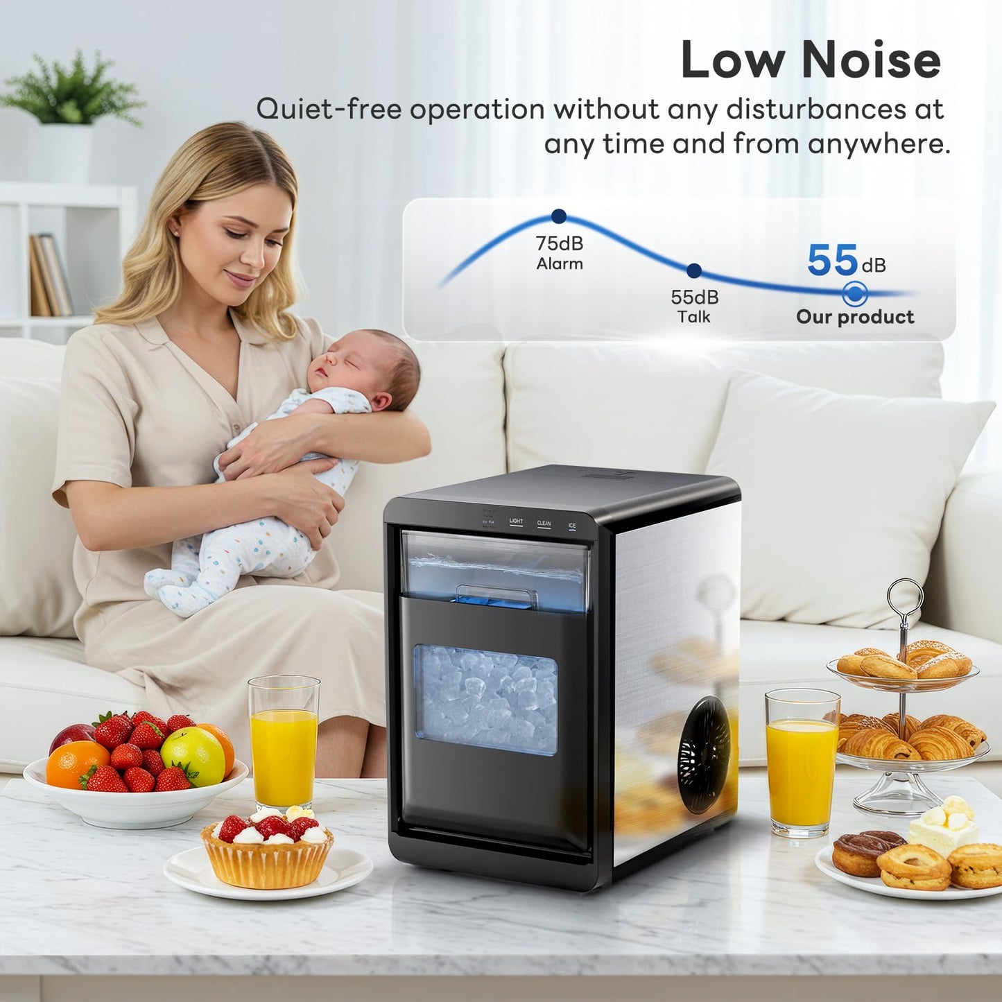 Countertop Nugget Ice Maker, Produces 44lbs Daily, Rapid 15-Min Sonic Ice Machine with Self-Cleaning, 1.8L Water Tank, Quiet Pebble Crushed Ice Maker for Kitchen, Office & RV