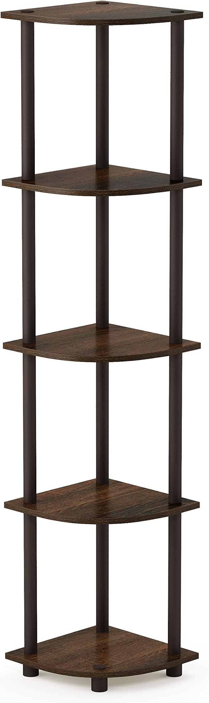Furinno TURN-N-TUBE Corner Shelf, 5-Tier Corner Bookshelf, Open Storage Shelves, for Organization and Storage, Living Room, Home Office, Garage, Bedroom, Walnut