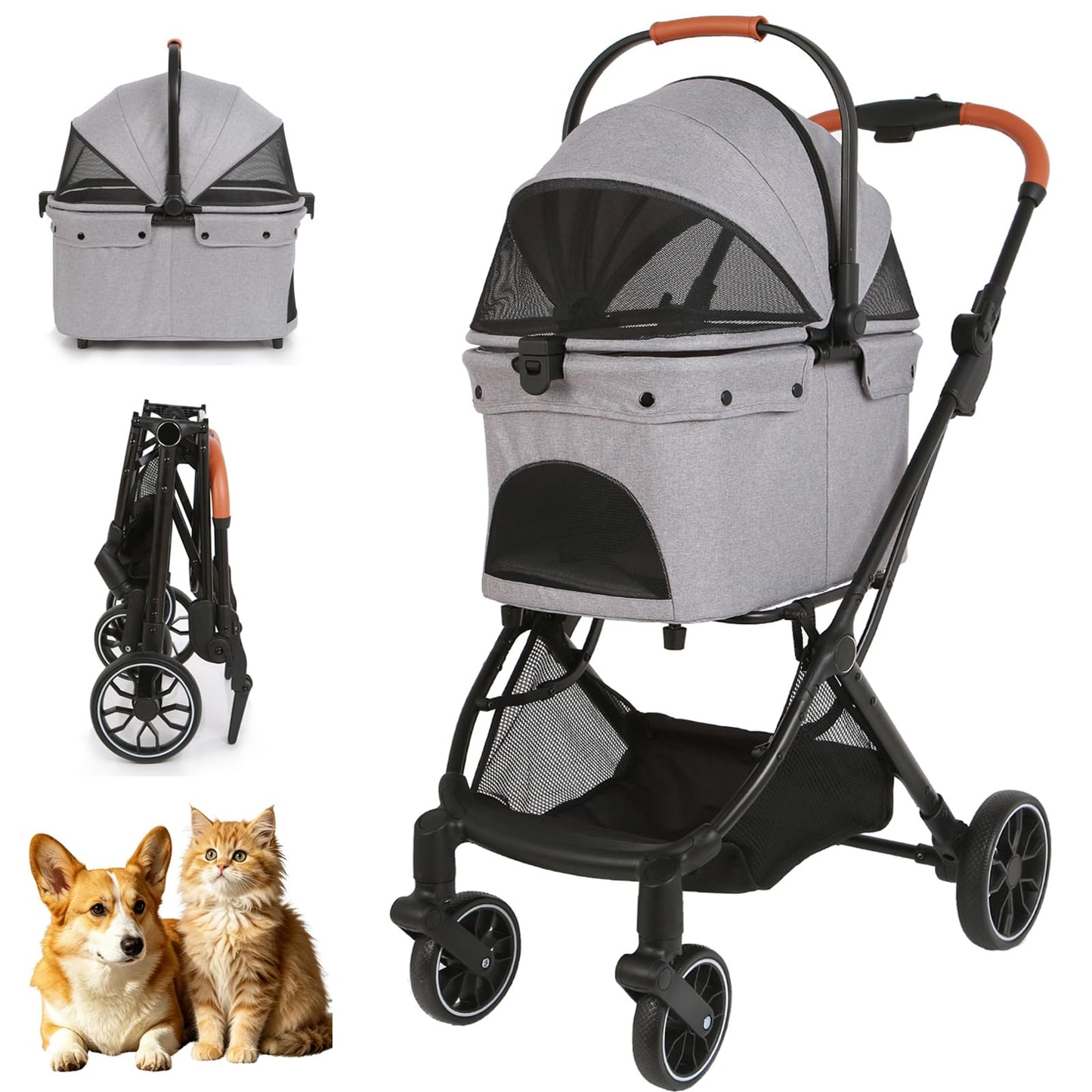 VRHOT Pet Stroller for Small Dogs and Cats, Detachable Dog Cat Stroller with All-Terrain Shock Absorbing Wheels, One-Click Foldable Design, Adjustable Canopy (Gray)