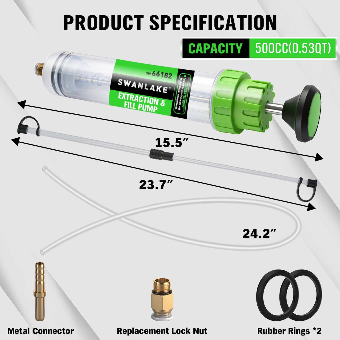 SWANLAKE 500cc Fluid Extractor & Fill Pump, Automotive Fluid Pump Extractor, Oil Change Pumps with 23'' Long Hose, 2PCS 12'' Extension Tubes, Suction Pumps for Lawn Mowers Cars