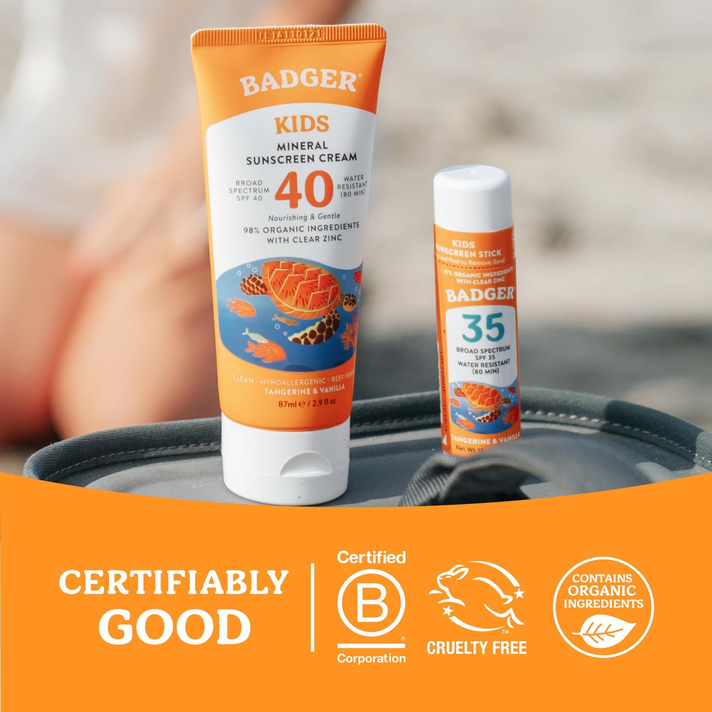 Badger Kids Mineral Sunscreen Combo, SPF 40 Cream + SPF 35 Kids Face Stick, 98% Organic Ingredients with Mineral Zinc Oxide, Water Resistant, Reef Safe Broad Spectrum, Tangerine & Vanilla Scent