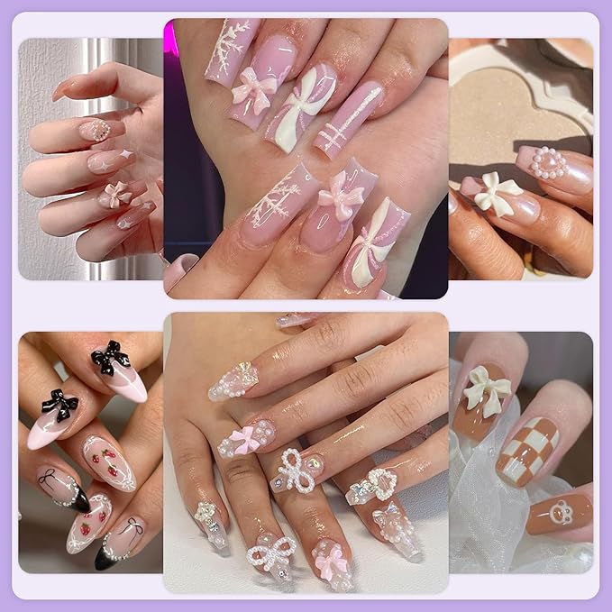 1 Box 3D Bow Nail Charms and Flatback Pearls Set 11, 120 Pcs Pink White Black Cute Bow Charms for Nail Design + 2-4mm White Nail Pearls with Pickup Tweezer and Pencil for Nail Art Decoration