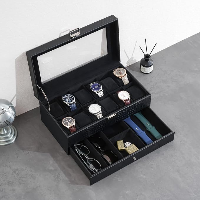 ProCase Watch Box, 12 Slot Mens Watch Case With Drawer, 2-Layer Watch Display Case With Glass Lid, Mens Jewelry Box Storage Holder Organizer, Birthday Valentine Gifts for Men -12Slot, LizardBlack