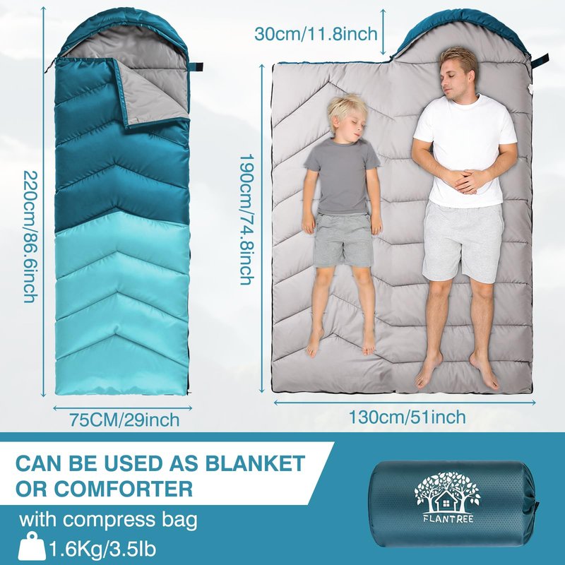 Flantree Sleeping Bags for Adults & Kids for Camping Hiking Trips Warm Cool Weather, Lightweight and Waterproof with Compression Bag, 3-4 Season Indoors Outdoors Activities