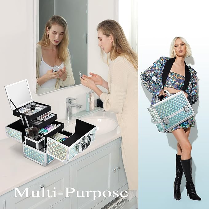Joligrace Makeup Box 11.6-Inch Cosmetic Train Case for Women Travel Jewelry Organizer with Compartments & Mirror Portable Lockable Make-up Trunk Turquoise