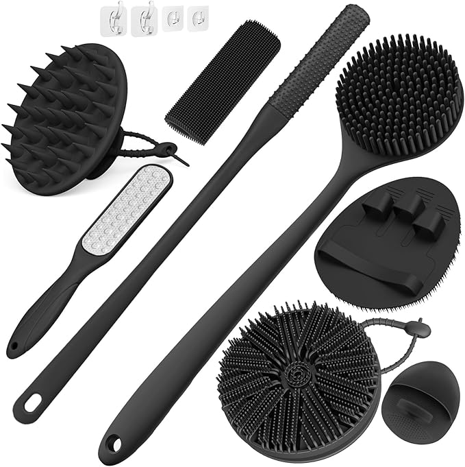 Manmihealth Silicone Back Scrubber & Soft Shower Brush, Silicone Scalp Massager, Toe Cleaning Brush Set 8 PCS, Body Foot Scrubber & Shampoo Brush Combination, with 4 Free Hooks (Style 1 Black)