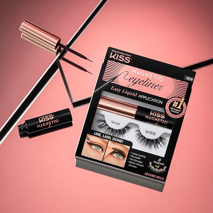 KISS Magnetic False Eyelashes and Eyeliner, Ã¢ÂÂTemptÃ¢ÂÂ, 14mm, Easy to Apply, Reusable, No Glue, Flexiband Technology, Precision Felt Tip, Fortified Formula, 1 Pair Strip Lashes