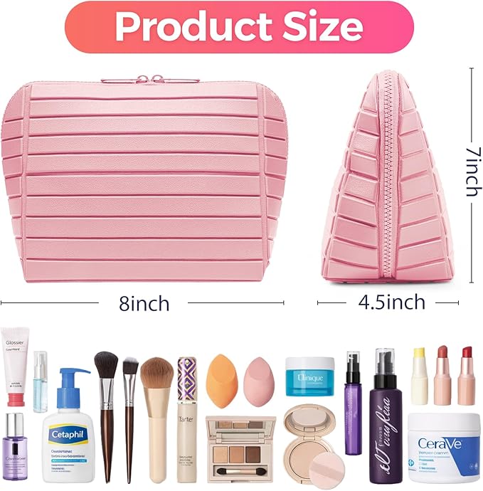 Travel Makeup Organizer Bag with Fold-Down Design and Adjustable Dividers, 27 Pockets & 3 Brush Storage Holders, Large Capacity Cosmetic Bags Toiletry Case - Pink