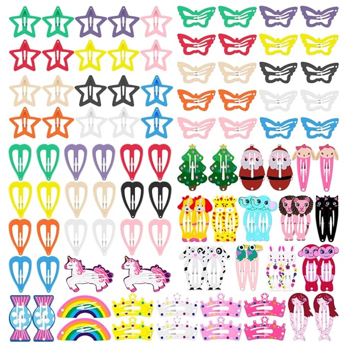 KUBOM 100 Pcs Candy Color Hair Clips,Colorful Hair Barrette Metal Cute Snap Hair Clips for Girls, Toddlers, Kids (Animals Fruits Crowns Stars)