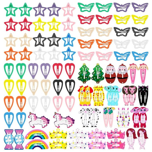 KUBOM 100 Pcs Candy Color Hair Clips,Colorful Hair Barrette Metal Cute Snap Hair Clips for Girls, Toddlers, Kids (Animals Fruits Crowns Stars)