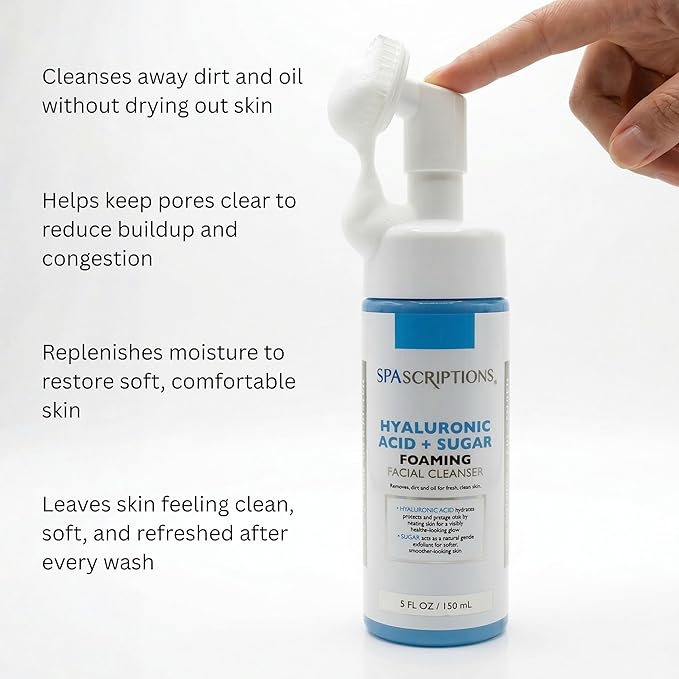 SpaScriptions 2 in 1 Cleanse & Exfoliate Foaming Facial Cleanser - Hydrating Hyaluronic Acid Face Wash with Sugar for Dry Skin with Soft Silicone Brush for Daily Cleansing, All Skin Types, 5 oz