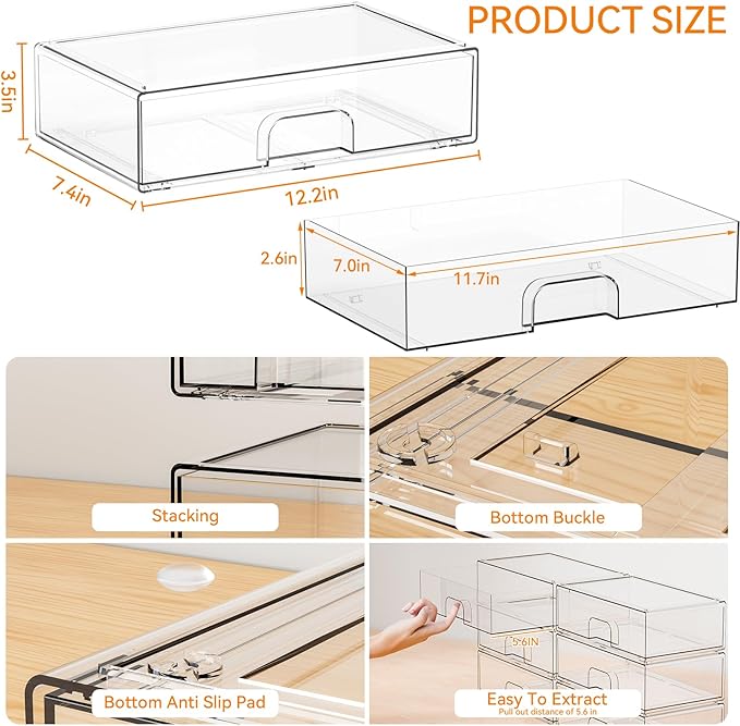 Yieach 12.1''W Clear Stackable Storage Drawers,2 Pack Acrylic Drawer Organizer for Hair Accessories,Makeup Organizers,Plastic Organizer Bins for Vanity,Bathroom,Cabinet,Desktop,Office Supply Organizer