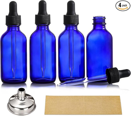 AOZITA 4 Pack, 2 oz Dropper Bottles with 1 Funnel & 4 Labels - 60ml Thick Dark Blue Glass Tincture Bottles with Eye Droppers - Leakproof Essential Oils Bottle for Health, Personal Care & Beauty