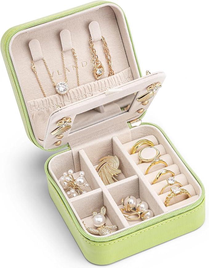 VLANDO Small Travel Jewelry Box Organizer - Girls Women Gift Rings Earrings Necklaces Jewelry Storage Display Case with Mirror Green