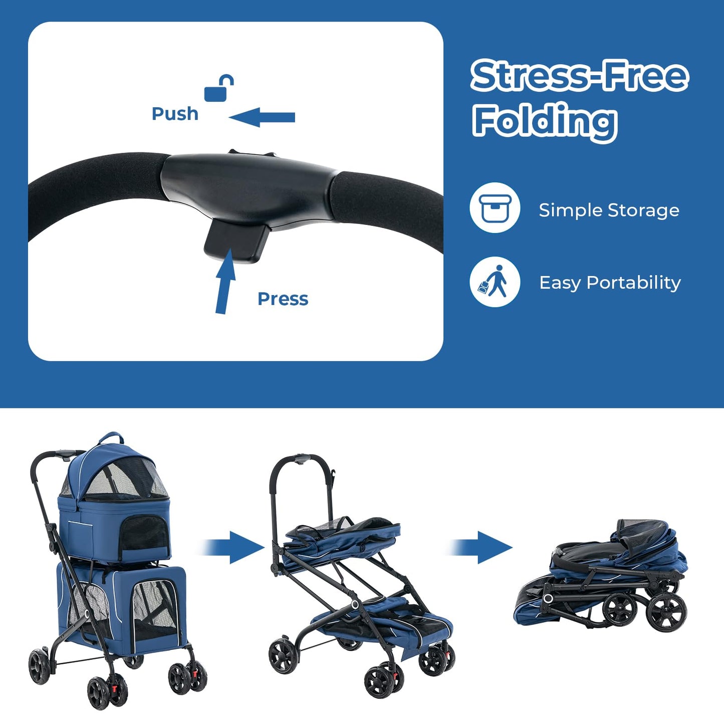 Giantex Double Dog Stroller for 2 Dogs, Detachable Carriers, Safety Belt, 4 Lockable Wheels, Pet Travel Carrier Strolling Cart, Folding Cat Stroller for Small Medium Pets Dogs (Blue)
