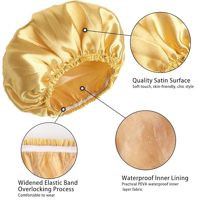 4 PCS Shower Cap for Women, Elastic and Reusable Bath Caps, Double Layers Shower Caps Reusable Waterproof, Bathing Shower Caps, Environmental Bath Hair Protection Cap -Gold+Green+Silver Gray+Brown
