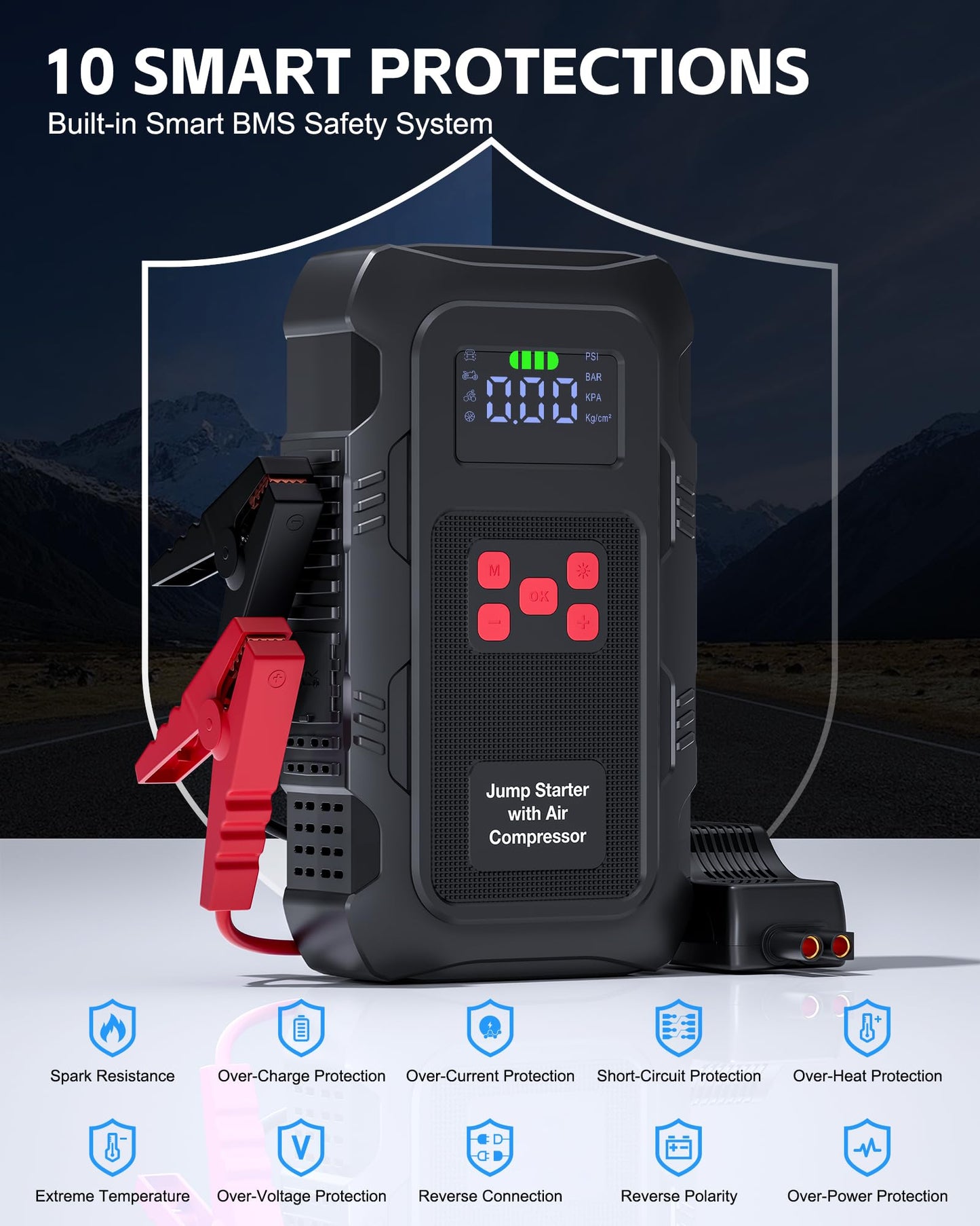 HPBS 5000A Jump Starter with Air Compressor, Portable Car Battery Jump Starter with 150 PSI Tire Inflator for Up to 10.0L Gas and 8.0L Diesel Engines, 12V Jump Box Battery Charger Booster(Red)