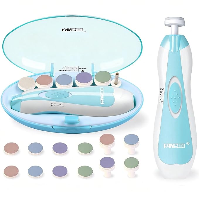 Fansidi Upgraded Baby Nail Trimmer Electric | Easy & Safe Baby Nail File, Precise 4-Stage Gentle Nail Buffer + Nail Clippers for Newborn to Toddler, with 18 Grinding Heads & Soft LED Light, Blue