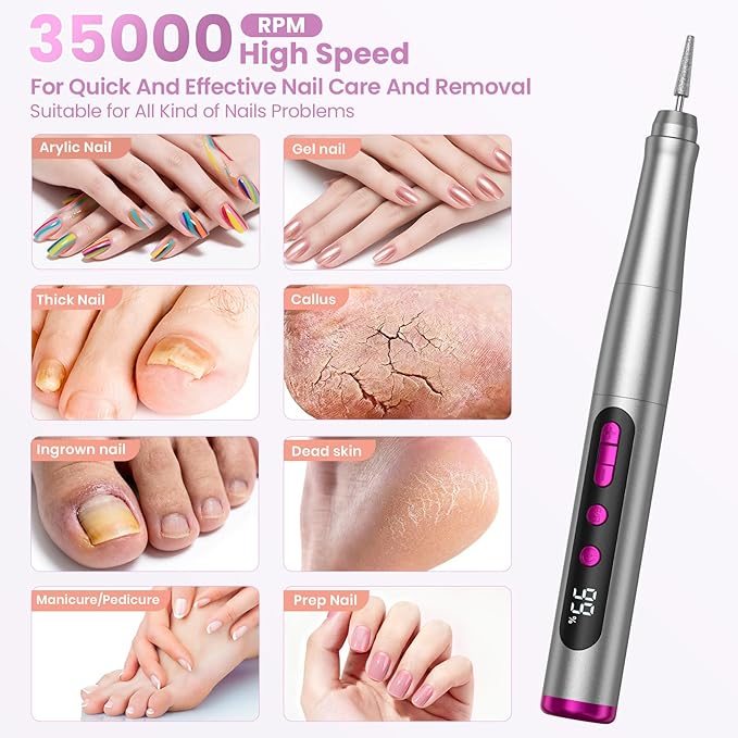 Cordless Nail Drill 35000RPM, Portable Electric Nail File for Acrylic Gel Nails, Professional Manicure Pedicure Kit, Rechargeable efile Set for feet with LCD Display, Low Noise Low Vibration-Grey
