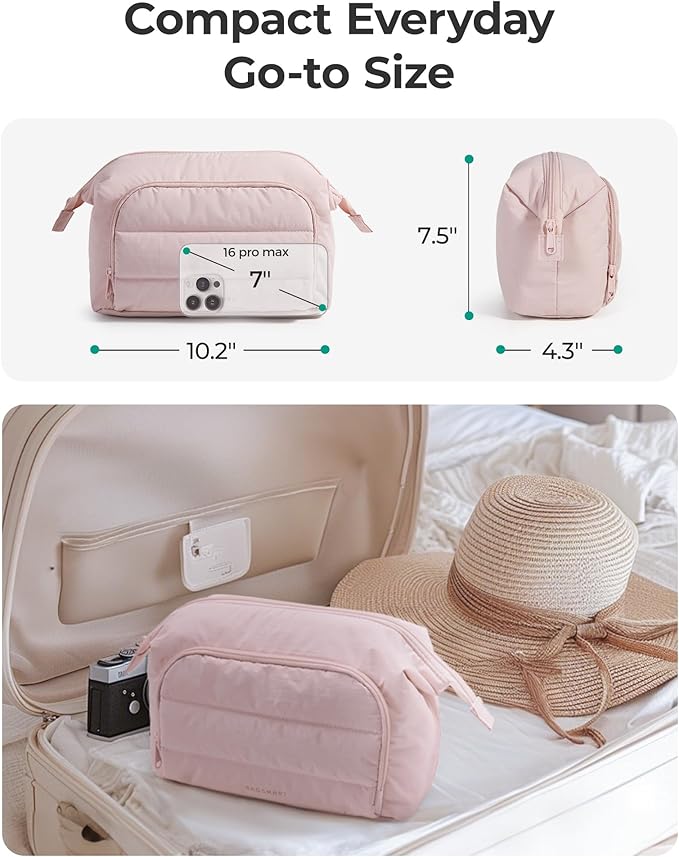 BAGSMART Travel Makeup Bag, Cosmetic Bag Small Make Up Organizer Case,Wide-open Pouch for Women Purse for Toiletries Accessories Brushes,Large Beige