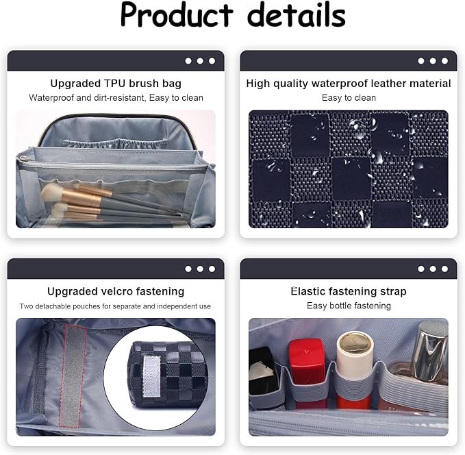 BOYATU Travel Makeup Bag Organizer Cosmetic Bag: 3 Pcs Set Make up Bags for Women with Handle - Waterproof Vegan Leather Toiletry Bags Travel Essentials Pouch with Compartments (03-A-Dark Blue)