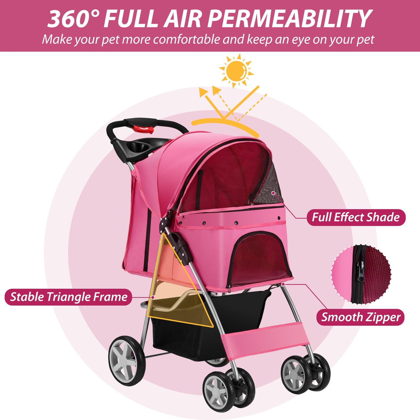 Unisakey 4 Wheels Pet Stroller for Small Medium Dogs Cats 10-33 lbs, Foldable Dog and Cat Stroller with Cup Holder & Storage Basket & Breathable Mesh, Pet Strolling Cart for All-Season, Pink