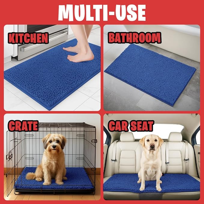 MudGuard Mat™ Dog Door Mat for Muddy Paws, Super Absorbent Microfiber, Non-Slip Indoor Mat, Quick Dry Chenille Mud Mat for Dogs & Entryway, Washable, Navy Blue 24" x 60"