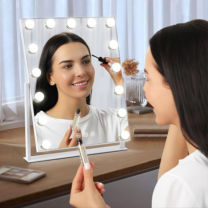 Vanity Mirror with Lights, 17'' x 13'' Lighted Makeup Mirror for Desk, Hollywood Mirror with 15 Dimmable Bulbs, 3 Color Modes, Smart Touch Control, 360°Rotation, Gifts for Girls